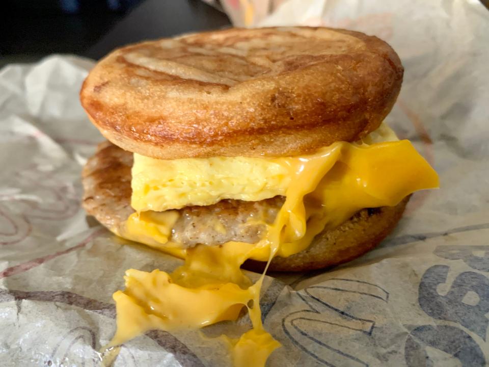 McDonald's sausage, egg, and cheese McGriddle on white wrapper