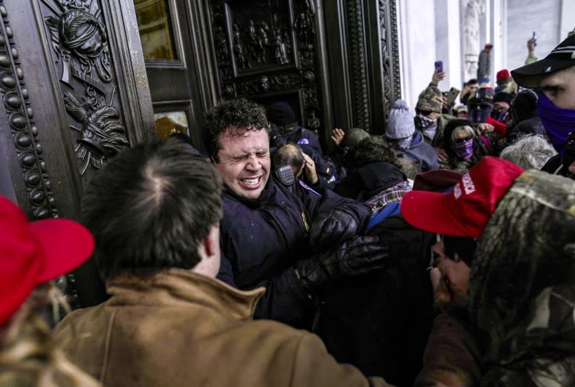 A man is squeezed up against the Capitol exterior.