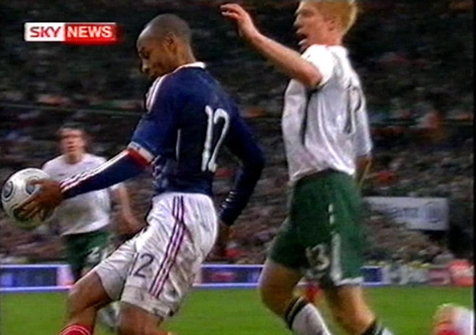 Video grab taken from Sky News of France’s Thierry Henry handling the ball directly before France score the winning goal against Ireland, November 20009