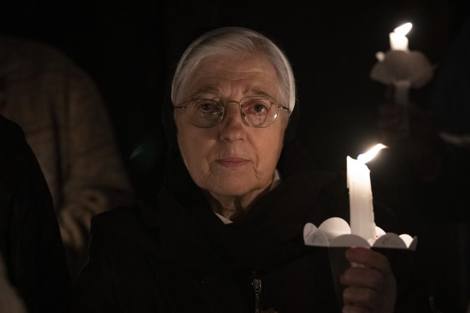 A Catholic nun takes part in a pro-life march in Zagreb, Croatia, Friday, March 15, 2024. Scores of religious and neo-conservative groups in recent years have been building up pressure in the staunchly Catholic country, trying to force a ban on abortions. (AP Photo/Darko Bandic)