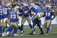 Winnipeg Blue Bombers' Willie Jefferson (5) is congratulated for his interception against the Hamilton Tiger-Cats during the first half of a Canadian Football League game Thursday, Aug. 5, 2021, in Winnipeg, Manitoba. (John Woods/The Canadian Press via AP)