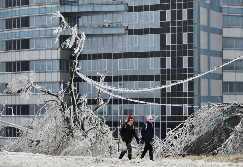 People walk past trees covered with ice after freezing rain in Vladivostok