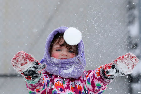 Genia Sandley plays in the snow in Brooklyn, New York City, U.S., February 9, 2017. REUTERS/Brendan McDermid