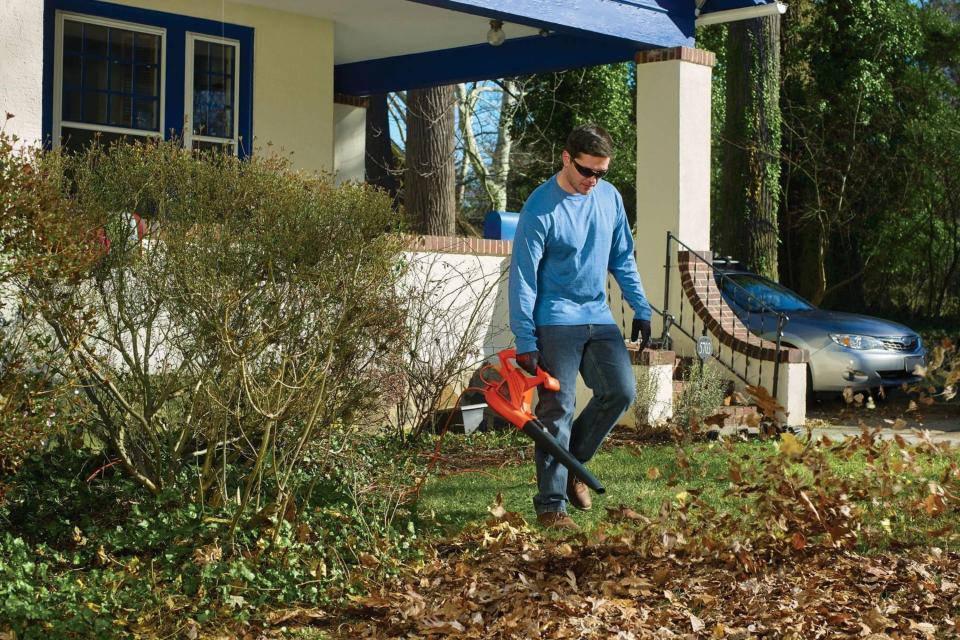 Man using leaf blower on his front yard.