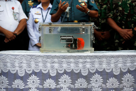 Cockpit Voice Recorder (CVR) of a Lion Air JT610 that crashed into Tanjung Karawang sea is seen inside a special container after it was found under the sea, during a press conference at Tanjung Priok Port in Jakarta, Indonesia, January 14, 2019. REUTERS/Willy Kurniawan