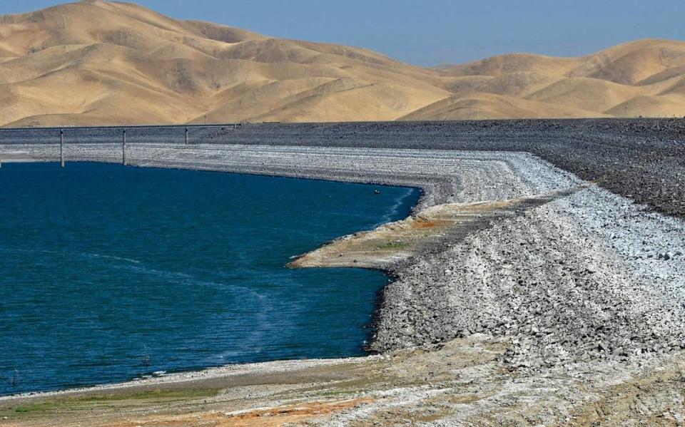 The B.F. Sisk Dam at San Luis Reservoir is seen as construction continues in the first of three phases to improve the dam just west of Los Banos Thursday, Aug. 8, 2024.