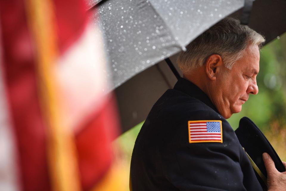 Bergen County Executive James J. Tedesco, III, leads a moment of silence during the 9/11 Memorial Ceremony at Overpeck County Park in Leonia, Sunday on 09/11/22. 