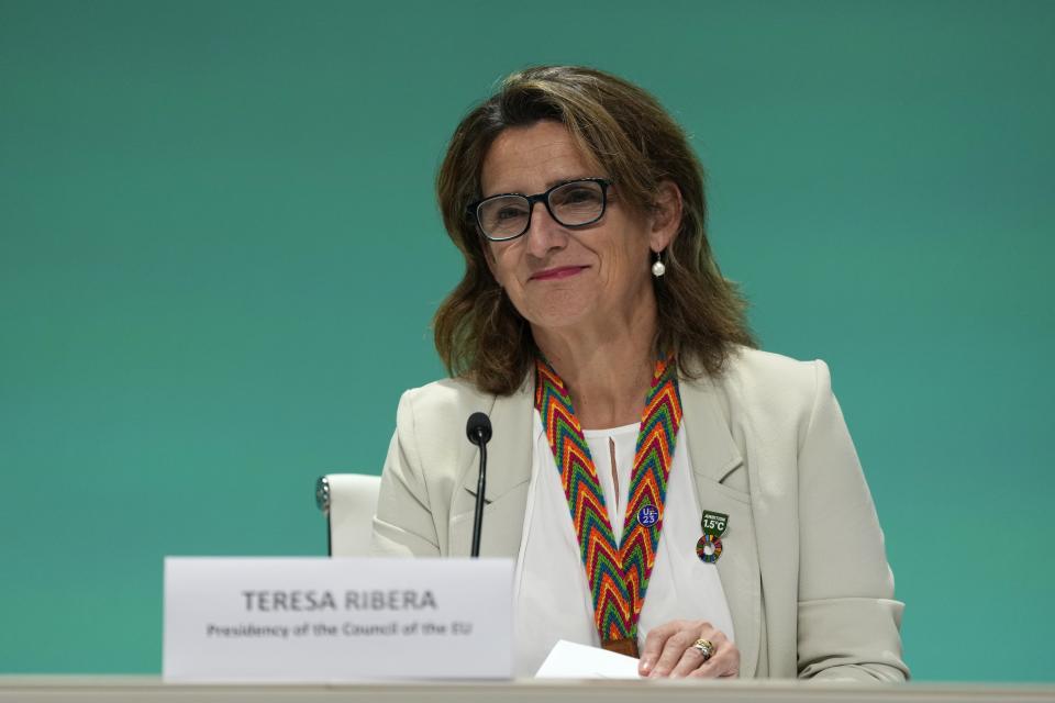 Spain's Minister for Ecological Transition Teresa Ribera speaks during a news conference at the COP28 U.N. Climate Summit, Wednesday, Dec. 6, 2023, in Dubai, United Arab Emirates. (AP Photo/Kamran Jebreili)