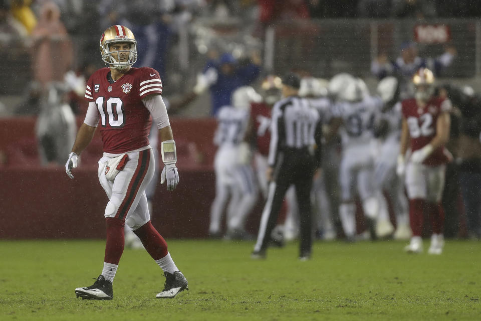 San Francisco 49ers quarterback Jimmy Garoppolo (10) walks to the sideline after throwing an interception to Indianapolis Colts cornerback Xavier Rhodes during the second half of an NFL football game in Santa Clara, Calif., Sunday, Oct. 24, 2021. (AP Photo/Jed Jacobsohn)