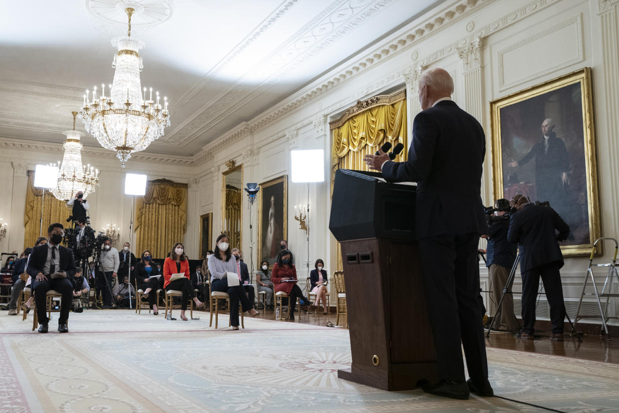 President Joe Biden speaks during a news conference in the East Room of the White House, Thursday, March 25, 2021, in Washington. (Evan Vucci)/AP 