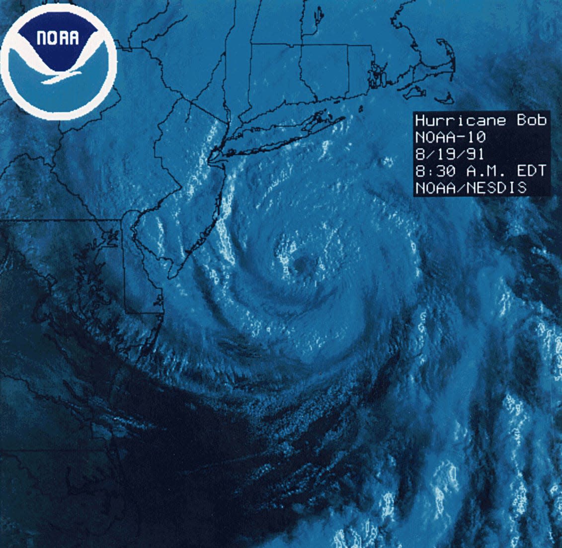 This National Oceanic and Atmospheric Administration image shows Hurricane Bob at 8:30 a.m. on Aug. 19, 1991 as it approached Cape Cod.