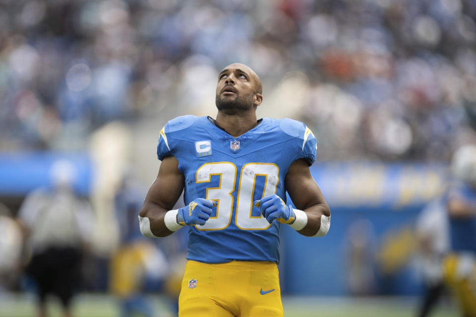 Los Angeles Chargers running back Austin Ekeler (30) runs before an NFL football game against the Miami Dolphins, Sunday, Sept. 10, 2023, in Inglewood, Calif. (AP Photo/Kyusung Gong)