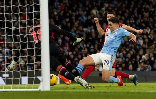 Julian Alvarez scores against Sheffield United