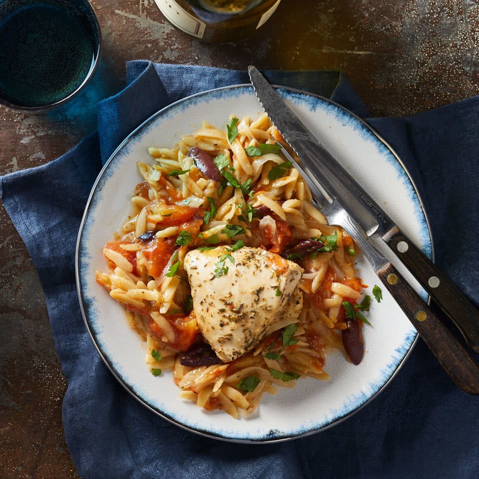 <p>Perk up basic chicken breast and whole-wheat orzo with the vibrant flavors of the Mediterranean, like lemon and olives. This load-and-go recipe makes a complete and satisfying meal; just add a green salad. <a href="https://www.eatingwell.com/recipe/262157/slow-cooker-mediterranean-chicken-orzo/" rel="nofollow noopener" target="_blank" data-ylk="slk:View Recipe;elm:context_link;itc:0;sec:content-canvas" class="link ">View Recipe</a></p>