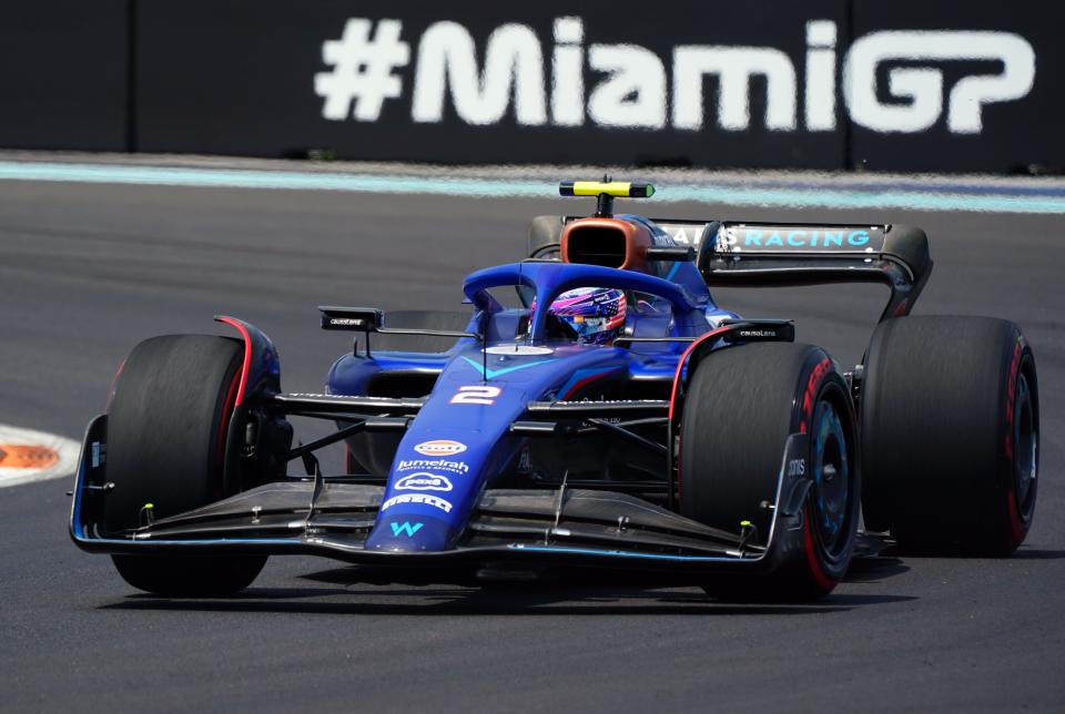 May 5, 2023; Miami Gardens, Florida, USA;  Williams driver Logan Sargeant (2) of the United States races out of turn one during the first practice at Miami International Autodrome. Mandatory Credit: John David Mercer-USA TODAY Sports