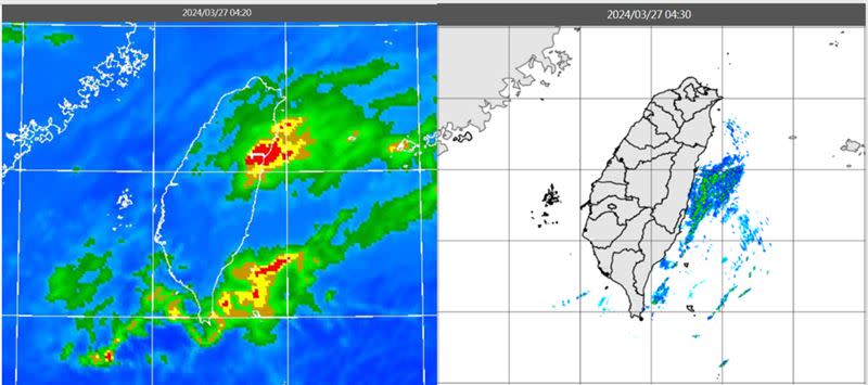 圖：今(27日)晨4：20紅外線色調強化雲圖顯示，台灣上空有鬆散中高雲(左圖)；4：30雷達回波合成圖顯示，台灣東側海上有弱降水回波(右圖)。