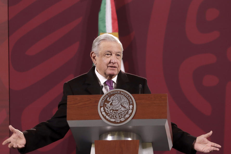 MEXICO CITY, MEXICO - JAN 20, 2022: President of Mexico, Andrés Manuel López Obrador, gestures while talk during his daily morning briefing conference At the National Palace. The President presented data on pension expenses and salaries of public officials and former presidents of Mexico. On January 20, 2022 In Mexico City, Mexico.  (Photo credit should read Luis Barron / Eyepix Group/Future Publishing via Getty Images)