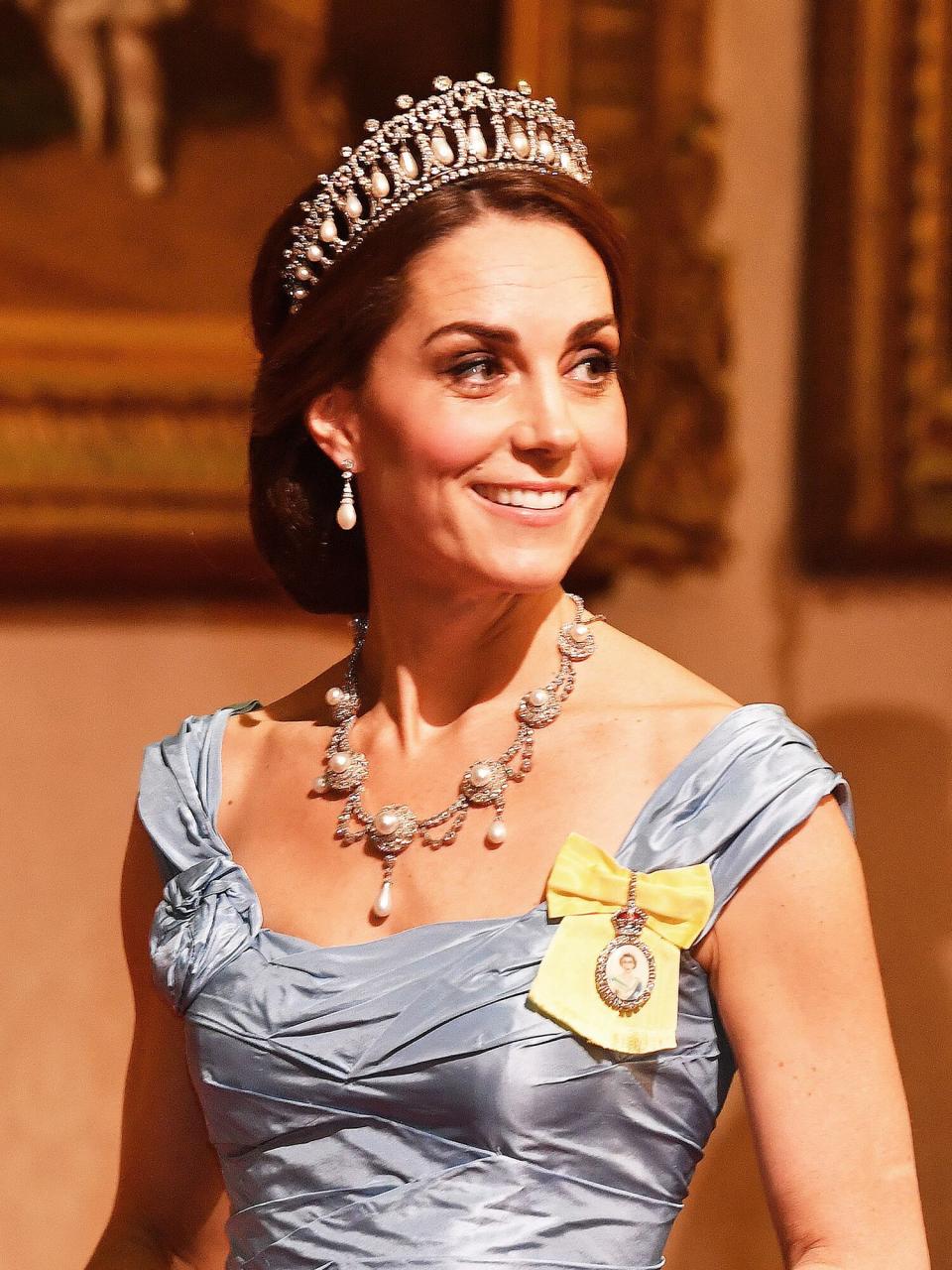 Catherine, Duchess of Cambridge during a State Banquet at Buckingham Palace on October 23, 2018 in London, United Kingdom. King Willem-Alexander of the Netherlands accompanied by Queen Maxima are staying at Buckingham Palace during their two day stay in the UK. The last State Visit from the Netherlands was by Queen Beatrix and Prince Claus in 1982