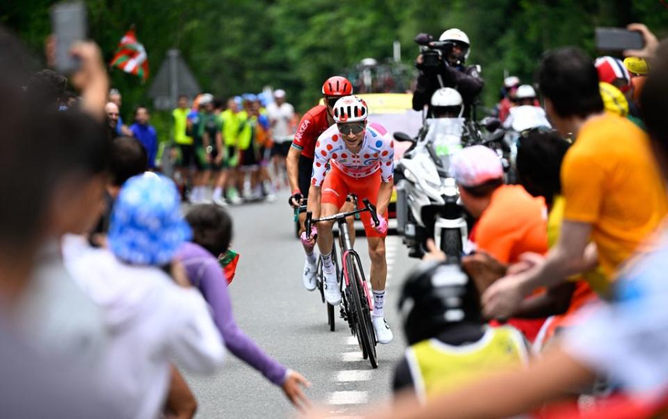 US Neilson Powless of EF EducationEasyPost and French Laurent Pichon of ArkeaSamsic pictured in action during the third stage of the Tour de France cycling race a 1874 km race from AmorebietaEtxano to Bayonne France Monday 03 July 2023 This years Tour de France takes place from 01 to 23 July 2023 BELGA PHOTO JASPER JACOBS Photo by JASPER JACOBS  BELGA MAG  Belga via AFP Photo by JASPER JACOBSBELGA MAGAFP via Getty Images