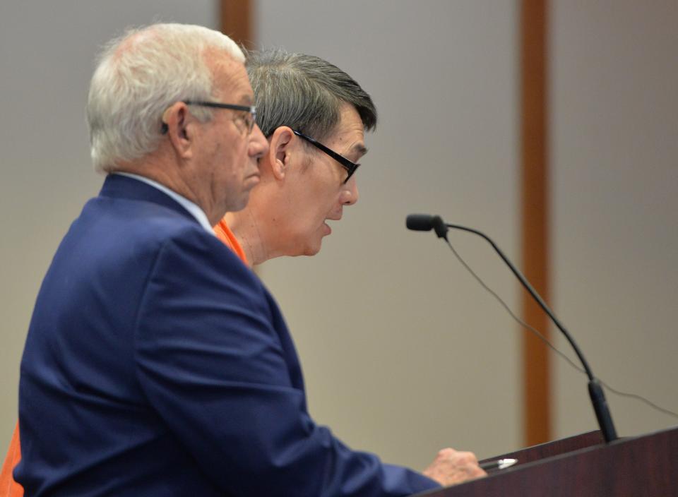 David Chang, right, with his attorney, Peter Aiken, speaks to Judge Donna Padar in court Tuesday, Mar. 21, 2023, in Sarasota during a plea hearing. Chang entered a plea of no contest in the hit and run death of 13-year old Lilly Glaubach in Osprey in August 2022 