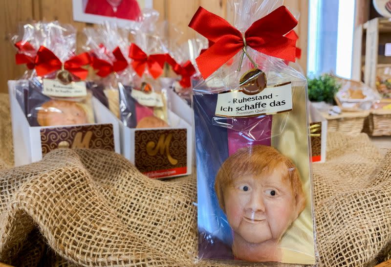 German confectioners produce Marzipan cookies depicting German Chancellor Merkel, ahead of the September 26 elections, in Weilbach