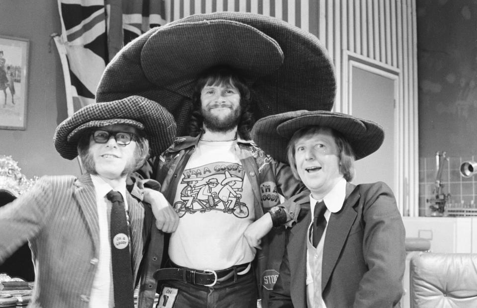 Comedians (L-R) Graeme Garden, Bill Oddie and Tim Brooke-Taylor in episode 'Kung Fu Kapers' of the BBC television series 'The Goodies', March 21st 1975. (Photo by Don Smith/Radio Times via Getty Images)