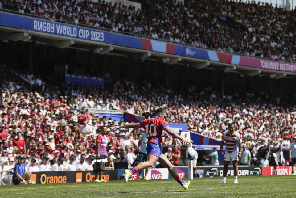 Chile's Rodrigo Fernandez kicks the ball downfield during the Rugby World Cup Pool D match between Japan and Chile at Stadium de Toulouse, Toulouse, France, Sunday, Sept. 10, 2023. (AP Photo/Lewis Joly)