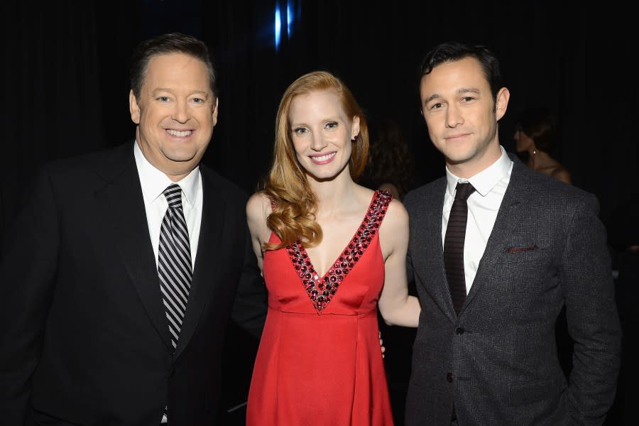 SANTA MONICA, CA – JANUARY 10: (L-R) Host Sam Rubin, actress Jessica Chastain and actor Joseph Gordon-Levitt attend the 18th Annual Critics’ Choice Movie Awards held at Barker Hangar on January 10, 2013 in Santa Monica, California. (Photo by Larry Busacca/Getty Images for BFCA)