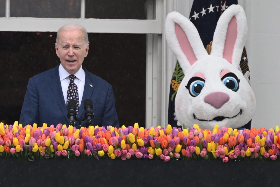 President Joe Biden speaks during the annual Easter Egg Roll on the South Lawn of the White House in Washington on Monday.