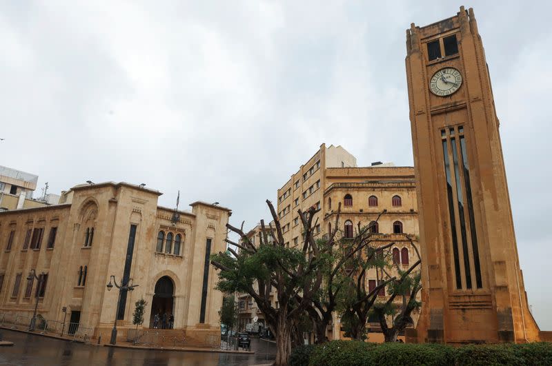 A view shows the parliament building on a rainy day in downtown Beirut
