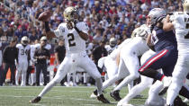 New Orleans Saints quarterback Jameis Winston (2) throws a pass during the second half of an NFL football game against the New England Patriots, Sunday, Sept. 26, 2021, in Foxborough, Mass. (AP Photo/Mary Schwalm)
