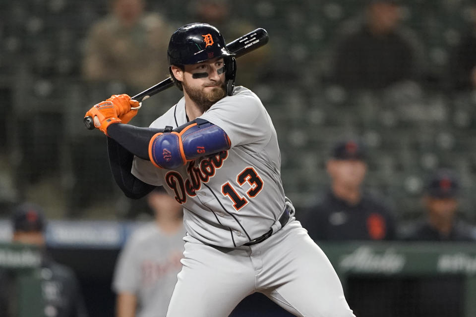 Detroit Tigers' Eric Haase begins his swing on a solo home run during the ninth inning of a baseball game against the Seattle Mariners, Monday, May 17, 2021, in Seattle. (AP Photo/Ted S. Warren)