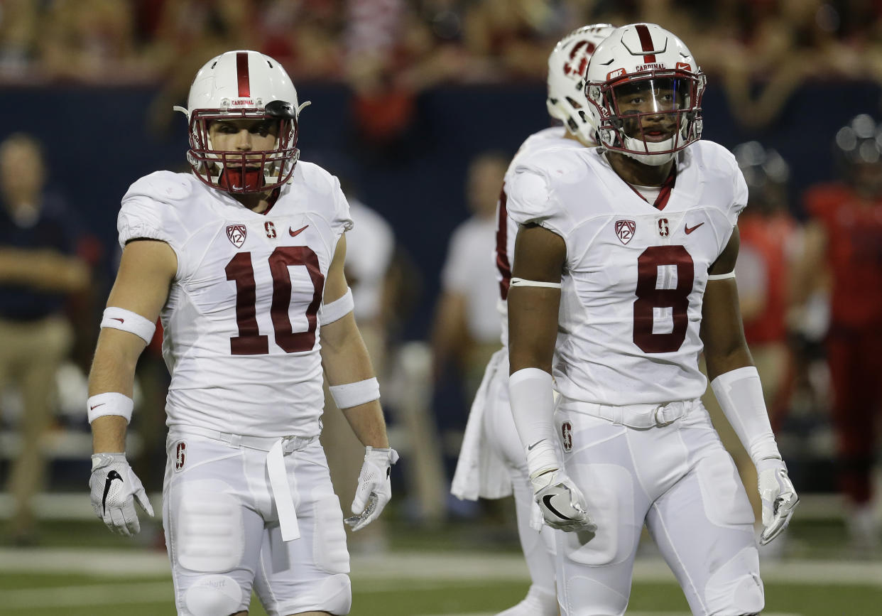 Stanford safety Zach Hoffpauir (10) Justin Reid (8) during the second half of an NCAA college football game against Arizona, Saturday, Oct. 29, 2016, in Tucson, Ariz. Stanford defeated Arizona 34-10. (AP Photo/Rick Scuteri)