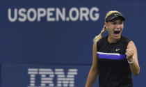 Donna Vekic, of Croatia, reacts after winning a points against Julia Goerges, of Germany, during the fourth round of the US Open tennis championships Monday, Sept. 2, 2019, in New York. (AP Photo/Sarah Stier)