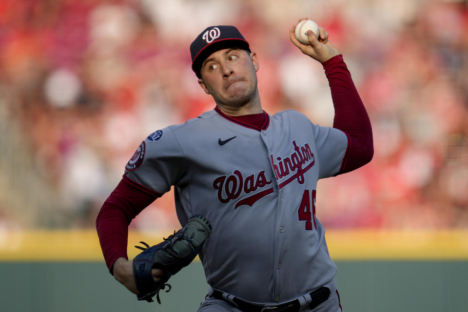 Washington Nationals starting pitcher Patrick Corbin throws against the Cincinnati Reds during the second inning of a baseball game Friday, Aug. 4, 2023, in Cincinnati. (AP Photo/Jeff Dean)