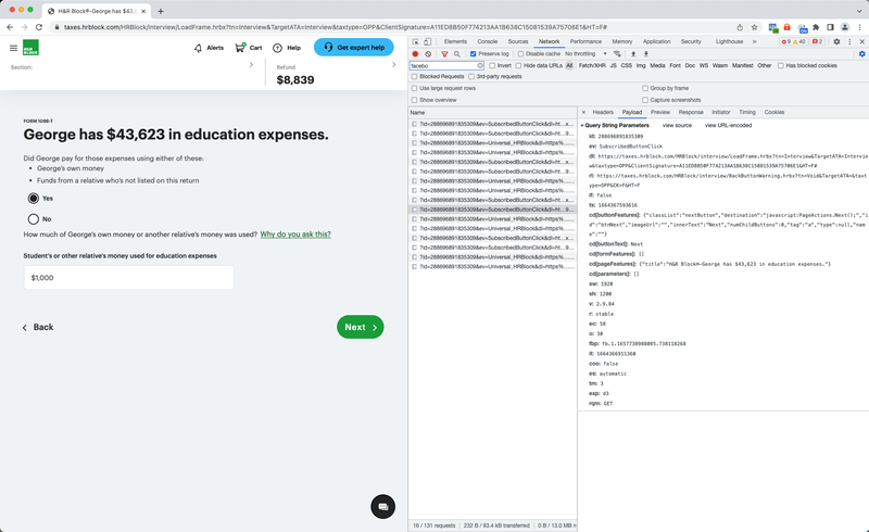 A screenshot provided by The Markup on their Github account showing the data chain being sent to Meta via Meta Pixel