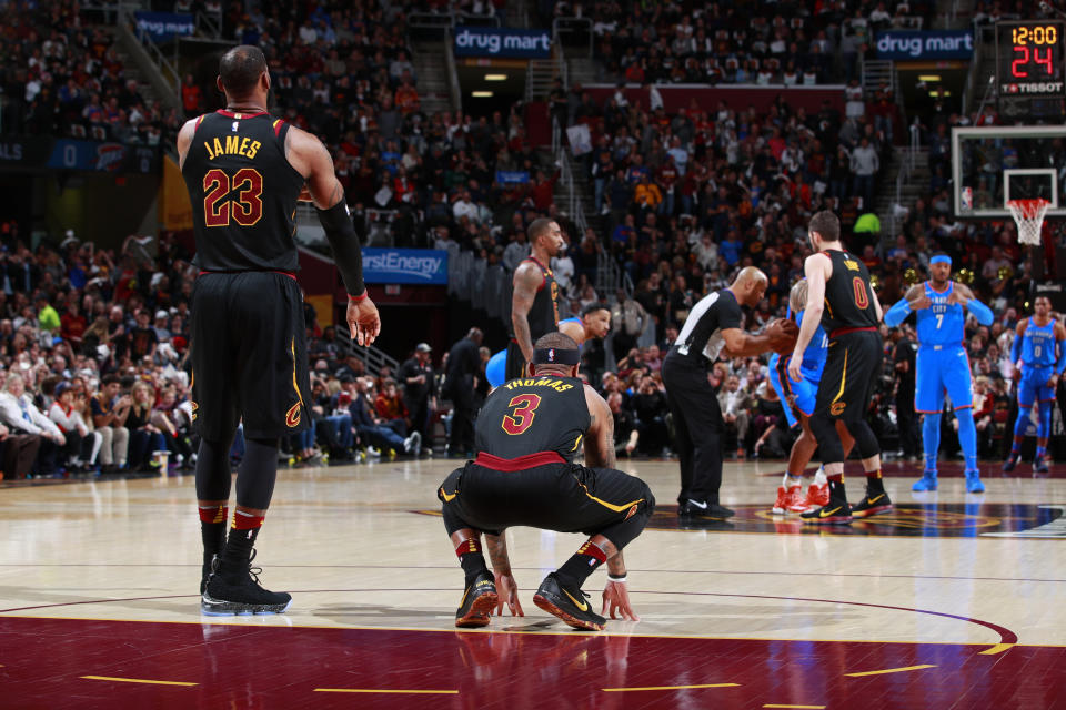 CLEVELAND, OH – JANUARY 20: Isaiah Thomas #3 of the Cleveland Cavaliers and LeBron James #23 of the Cleveland Cavaliers look on during the game against the Oklahoma City Thunder on January 20, 2018 at Quicken Loans Arena in Cleveland, Ohio. (Photo by Jeff Haynes/NBAE via Getty Images)