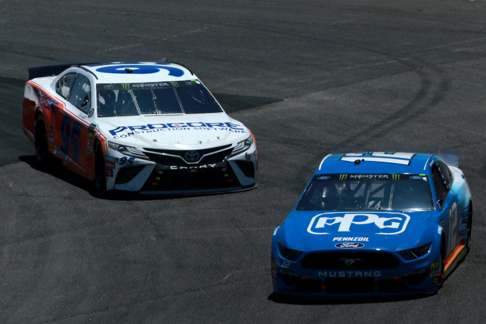SONOMA, CALIFORNIA - JUNE 23: Ryan Blaney, driver of the #12 PPG Ford, races the Matt DiBenedetto, driver of the #95 Procore Thanks DW Throwback Toyota, during the Monster Energy NASCAR Cup Series Toyota/Save Mart 350 at Sonoma Raceway on June 23, 2019 in Sonoma, California. (Photo by Sean Gardner/Getty Images)
