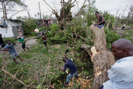 Men clear a fallen tree from the Hurricane Matthew in Les Cayes, Haiti, October 6, 2016. REUTERS/Andres Martinez Casares