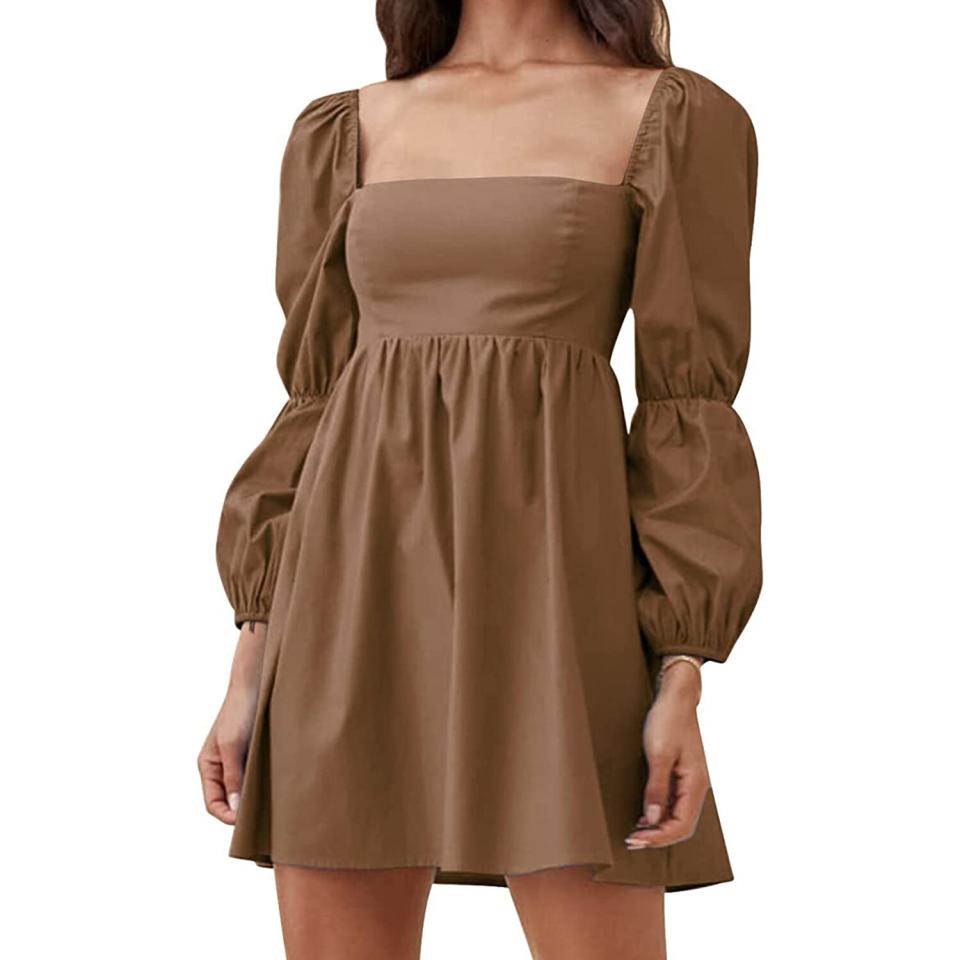 EXLURA Womens Square Neck Dress Long Puff Sleeve A-Line Casual Short Mini Dress