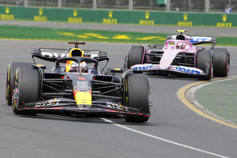 Red Bull driver Max Verstappen of Netherlands leads Alpine driver Pierre Gasly of France through a corner during a practice session ahead of the Australian Formula One Grand Prix at Albert Park in Melbourne, Saturday, April 1, 2023. (AP Photo/Scott Barbour)