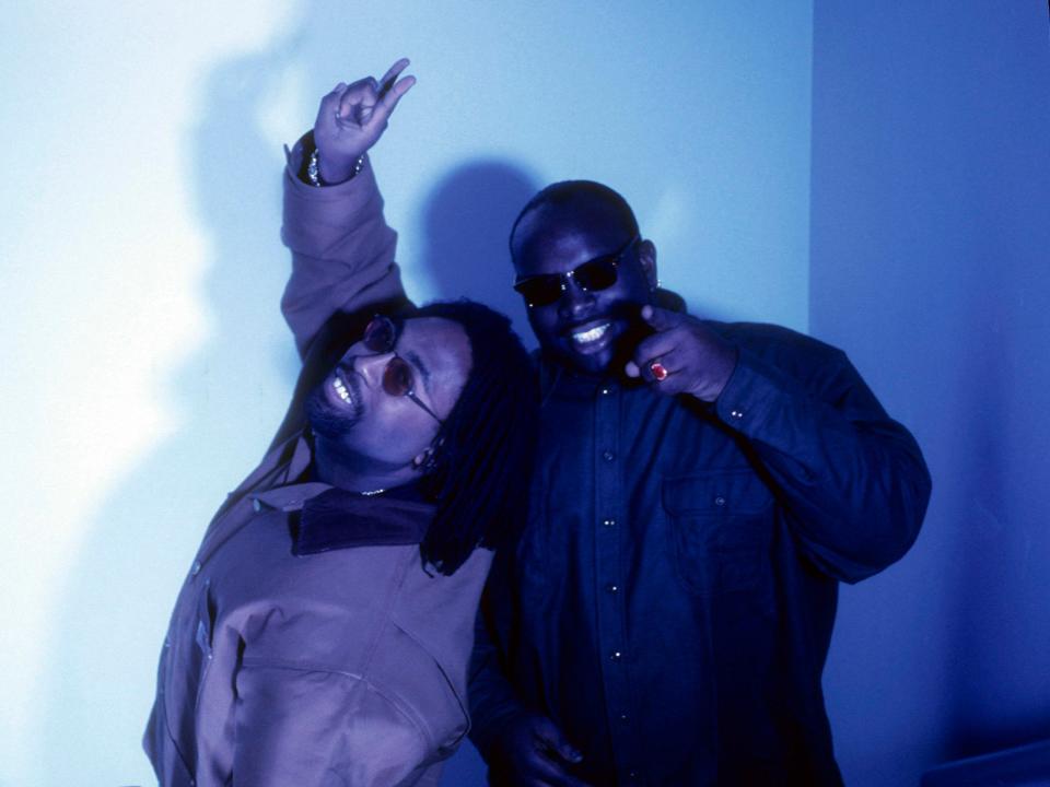 Rap group Tag Team (Cecil Glenn aka DC the Brain Supreme; Steve Gibson aka Steve Rolln) celebrate their hit single, "Whoomp! (There It Is)" wjen they appear in a portrait taken on October 10, 1994 in New York City.