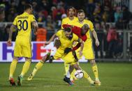 <p>Manchester United’s Paul Pogba, right, and Rostov’s Christian Noboa fight for the ball </p>