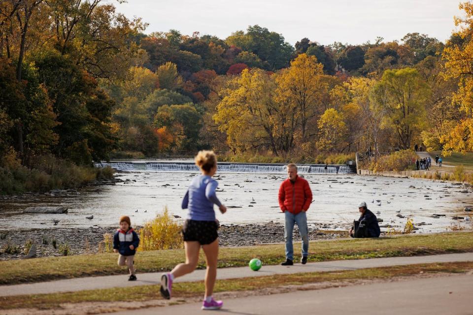 Those who work for conservation authorities are encouraging Ontarians to get out to see the fall colour show this fall season. These were the fall colours are seen in Etienne Brulé Park, in Toronto, on Oct. 23, 2023.