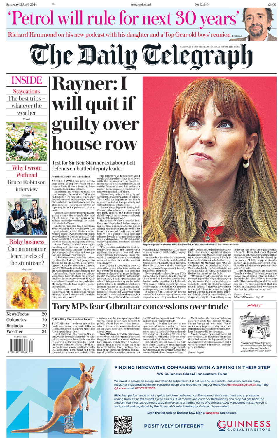 Daily Telegraph headline reads: "Rayner: I will quit if guilty over house row"