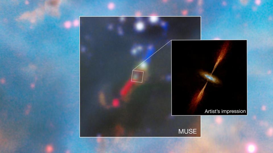 a three-panel mosaic showing two close-ups of a colored gas cloud and an image of a disk with a bright spot at its center