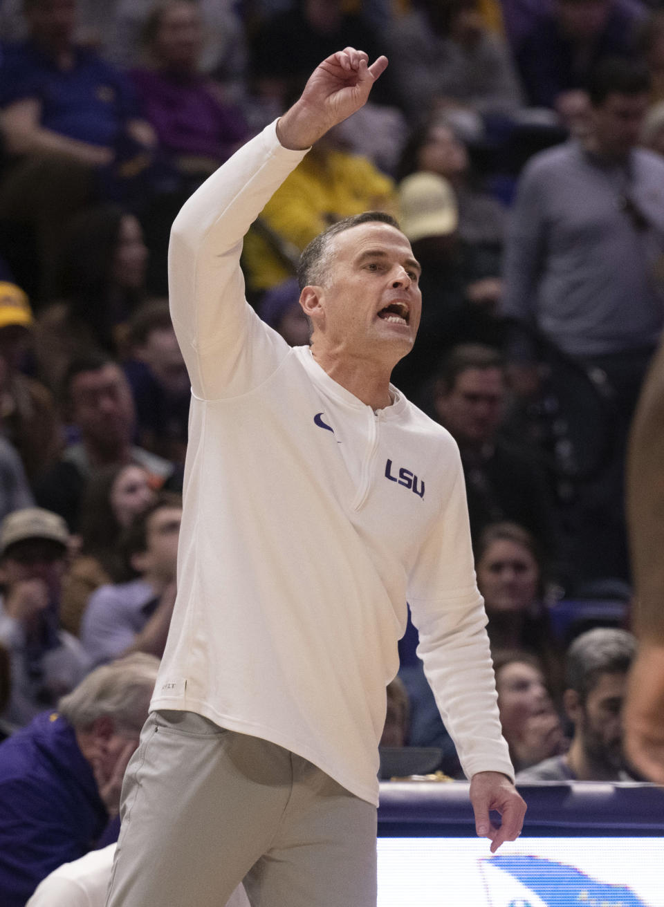 LSU head coach Matt McMahon gestures during an NCAA college basketball game against Texas A&M, Saturday, Jan. 20, 2024, in Baton Rouge, La. (Hilary Scheinuk/The Advocate via AP)