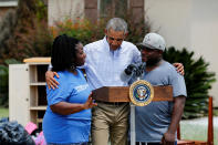 <p>President Barack Obama greets homeowners after his remarks following a tour of a flood-affected neighborhood in Zachary, La., Aug. 23, 2016. (Photo: Jonathan Ernst/Reuters) </p>