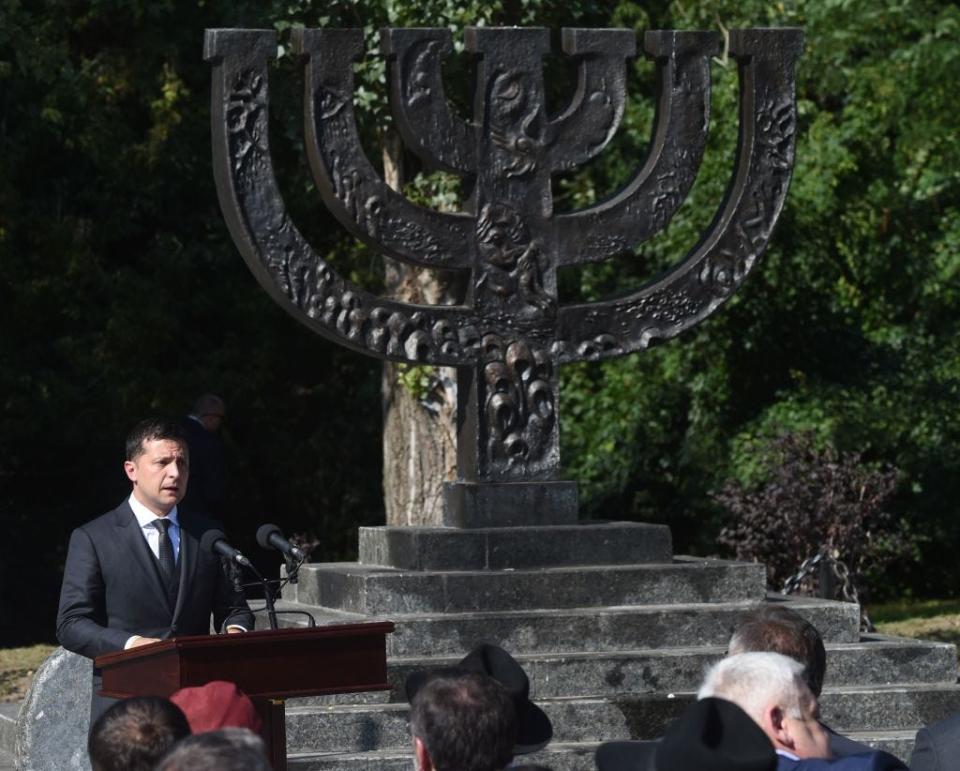 President Volodymyr Zelensky of Ukraine speaks at a Holocaust memorial event