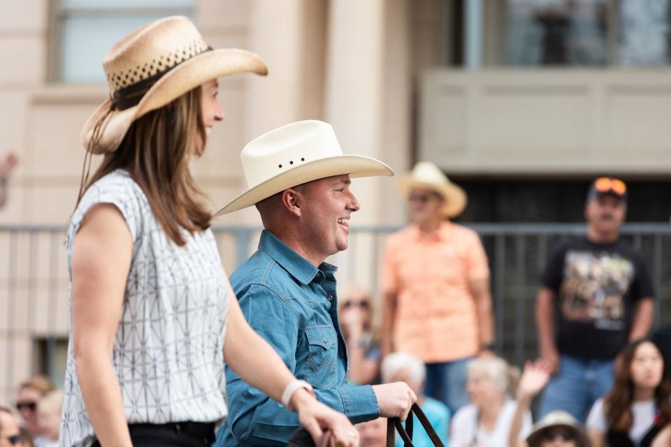 Gov. Spencer Cox and first lady Abby Cox ride horseback during the annual Days of ’47 parade in Salt Lake City on Monday, July 24, 2023. | Megan Nielsen, Deseret News